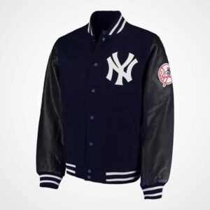 NY Yankees Navy Blue Varsity Jacket with Black Leather Sleeves