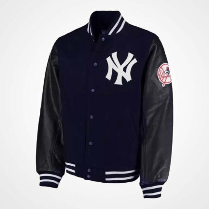 NY Yankees Navy Blue Varsity Jacket with Black Leather Sleeves