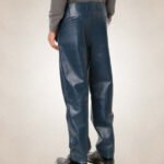 Men's Navy Blue Pleated Leather Pants - Image 2
