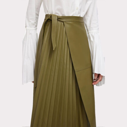 Olive Green Wrap-Style Women's Midi Leather Skirt - Trendy Elegance