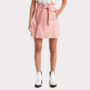 Pastel Pink Belted Mini Leather Skirt for Women