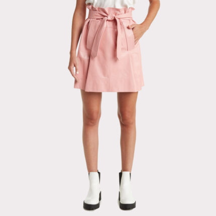 Pastel Pink Belted Mini Leather Skirt for Women