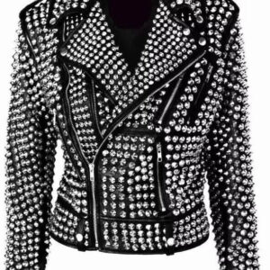 Premium Womens Gothic Punk Silver Studded Leather Jacket in Black