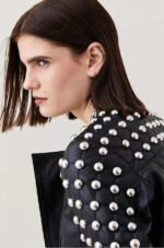 Women’s Punk Black Studded Leather Biker Jacket - Image 2
