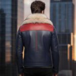 Men's Blue Shearling Lined Leather Jacket with Fox Fur Collar - Image 2
