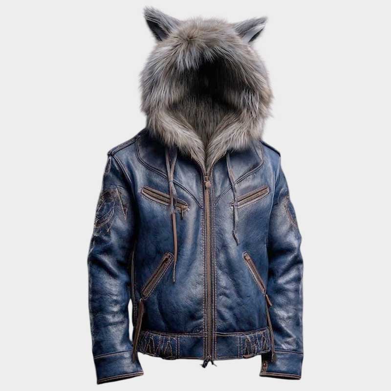 Premiumdarkblueleatherbikerjacketfeaturingfurhoodeddesignwithwolfeardetailing Men's Blue Wolf Ear Leather Jacket with Fur Hood - Image 1