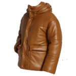 Puffer Leather Bomber Jacket in Brown - Leather Down Jacket - Image 3