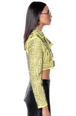 Hot Womens Yellow Punk Brando Studded Leather Biker Jacket - Image 3