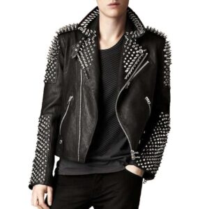 Punk Men Studded Silver Spikes Genuine Leather Jacket