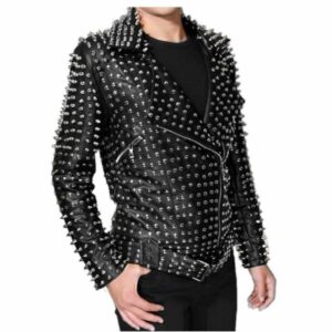 Punk Rock Silver Studded Brando Black Leather Jacket Men's