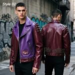 Purple Maroon Studded Leather Biker Jacket for Men - Handmade Punk Moto Style - Image 2