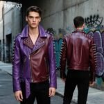 Purple Maroon Studded Leather Biker Jacket for Men - Handmade Punk Moto Style - Image 3