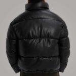 Men's Black Faux Leather Puffer Jacket with High Neck Collar - Image 2