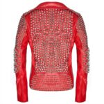 Red Leather Studded Biker Jacket for Women - Image 2