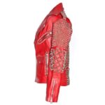 Red Leather Studded Biker Jacket for Women - Image 3