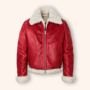 Red Leather Bomber Jacket with Faux Fur Trim - Christmas Edition