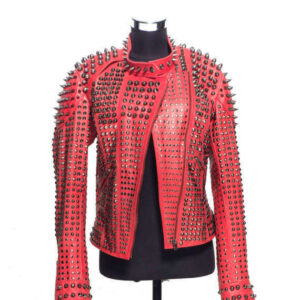 Red Studded Spiked Leather Jacket