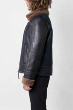 Men's Blue Sheepskin Shearling Leather Jacket - Image 4