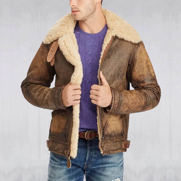 ShearlingBomberJacket Men Sheepskin Flying Fur Aviator Wax Brown Shearling Leather Jacket - Image 1