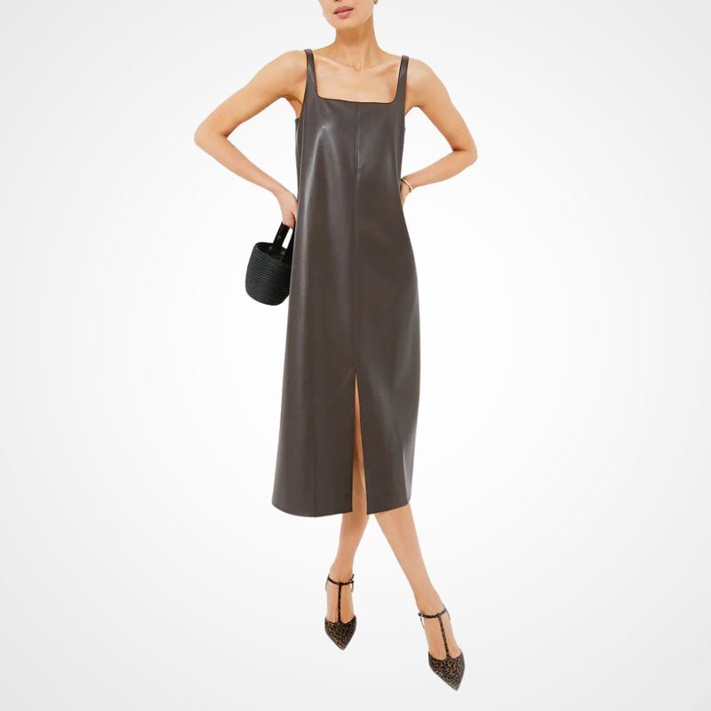SleevelessFrontSlitSpringSummer25VeganLeatherDress Vegan Leather Sleeveless Slit Dress – Spring Summer 2025 - Image 1