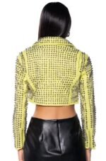 Hot Womens Yellow Punk Brando Studded Leather Biker Jacket - Image 2