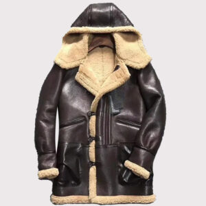 Stylish Men's Dark Brown Hooded Shearling Leather Jacket