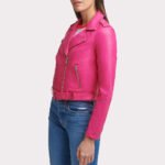 Stylish Bright Pink Women's Biker Leather Jacket - Image 3