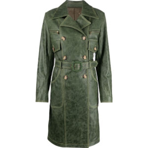 Stylish Green Distressed Leather Trench Coat for Women