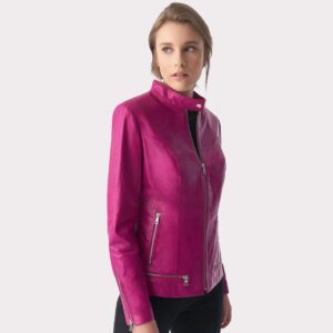 Stylish Women's Fuchsia Leather Jacket with Zipper Hem Detail