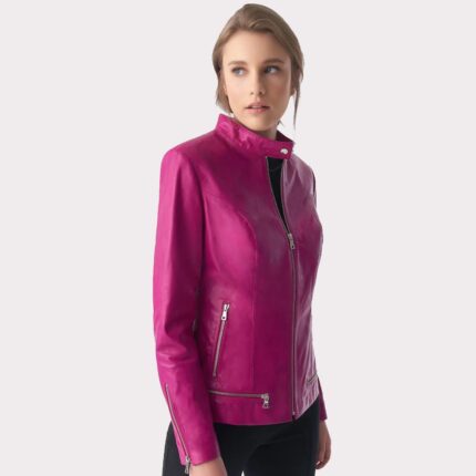 Stylish Women's Fuchsia Leather Jacket with Zipper Hem Detail