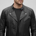 Men's Black Leather Biker Jacket with Asymmetrical Zip - Image 4