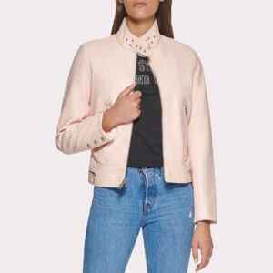 Trendy Powder Pink Women's Racer Leather Jacket