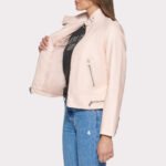 Trendy Powder Pink Women's Racer Leather Jacket - Image 3