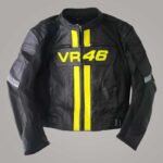 VR46 Valentino Rossi Black Leather Motorcycle Jacket with Yellow Racing Stripes