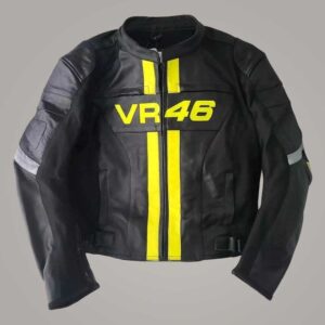 VR46 Valentino Rossi Black Leather Motorcycle Jacket with Yellow Racing Stripes