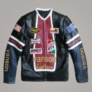 Vanson Leathers Style Retro Racing Jacket - Premium Black & Navy Leather with Authentic Sponsor Patches