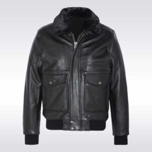 Vintage Black Shearling Leather Jacket with Removable faux fur collar