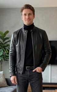 Black Lambskin Cafe Racer Leather Jacket photo review