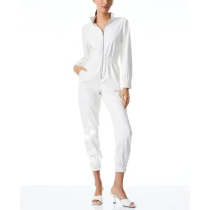 White Elasticized Detailed Leather Jumpsuit for Women