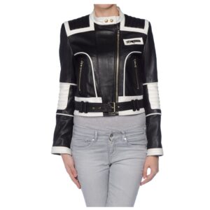 Winter Women Black White Biker Leather Jacket