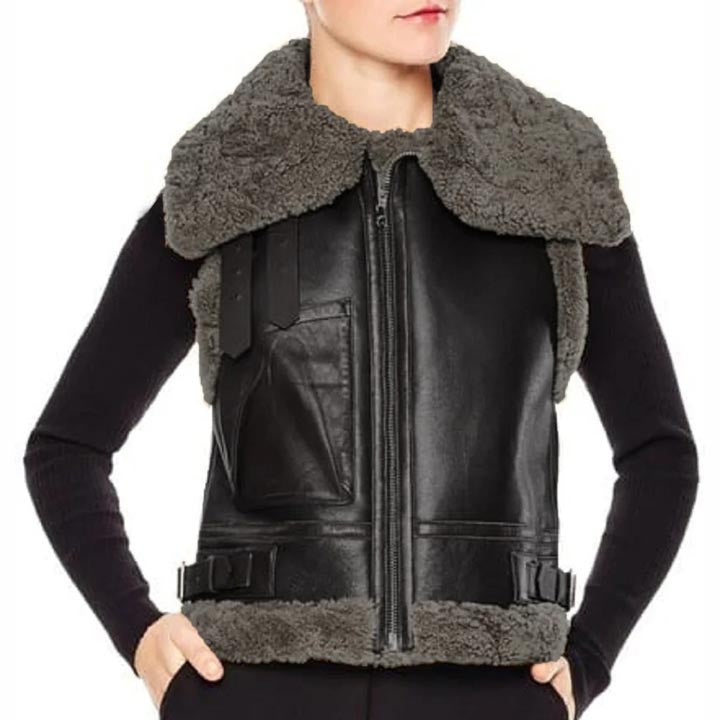 Women-Black-Leather-B3-Aviator-Sheepskin-Shearling-Vest Women Black Leather B3 Aviator Sheepskin Shearling Vest - Image 1