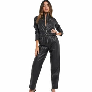 Women Black Sheepskin Leather Jumpsuit