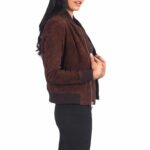 Women Brown Suede Leather Bomber Jacket - Image 3