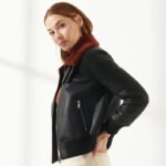 Women Leather Bomber Jacket with Red Fur Collar - Image 2
