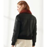 Women Leather Bomber Jacket with Red Fur Collar - Image 3