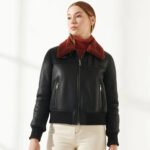 Women Leather Bomber Jacket with Red Fur Collar - Image 4