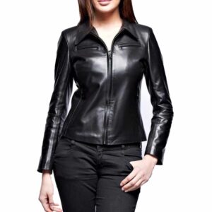 Women Black Genuine Leather Slim Fit Fashion Jacket