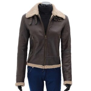 Women Dark Brown Bomber Shearling Leather Jacket