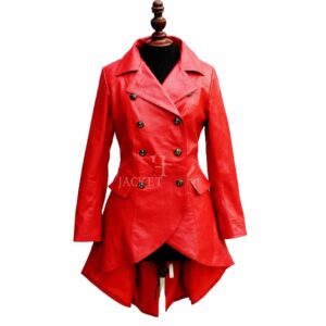 Women Double Breast Military Real Red Leather Coat
