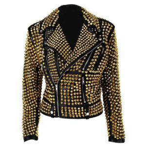 Women Golden Studded Heavy Metal Leather Jacket